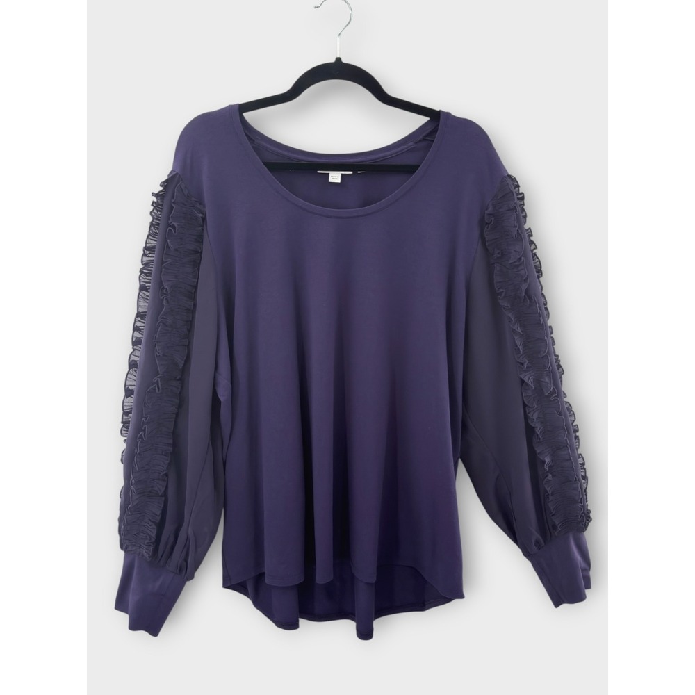 Chicos 4 XXL Purple Pima Cotton Modal Top Ruffle Chiffon Sleeve Knit Modest Chic
